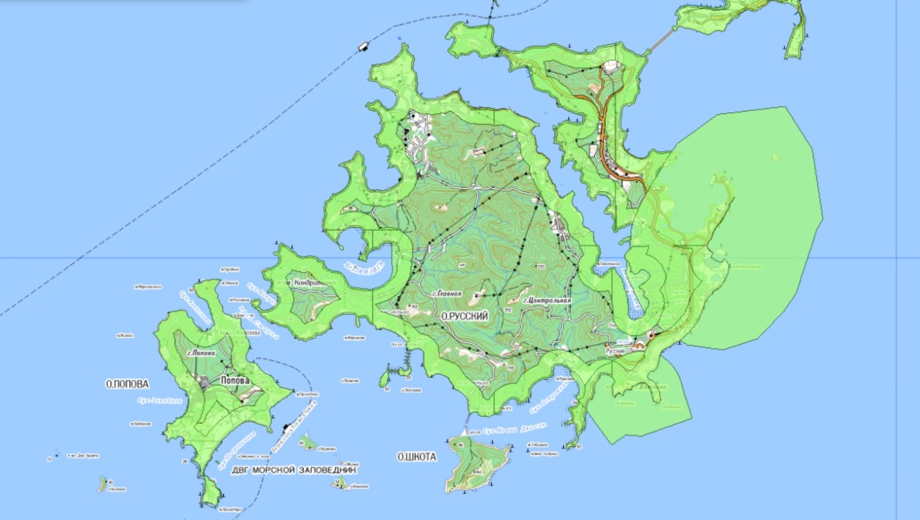 Карта водоохранных зон острова Русский (отмечены зелёным)